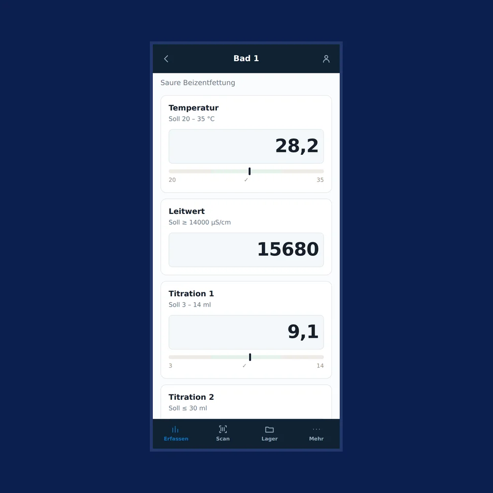 Handy mit der Erfassung eines Bades in MessLOG