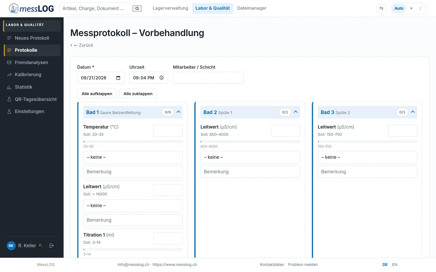Erfassung eines Vorbehandlungsprotokolls am Bildschirm mit allen Bädern