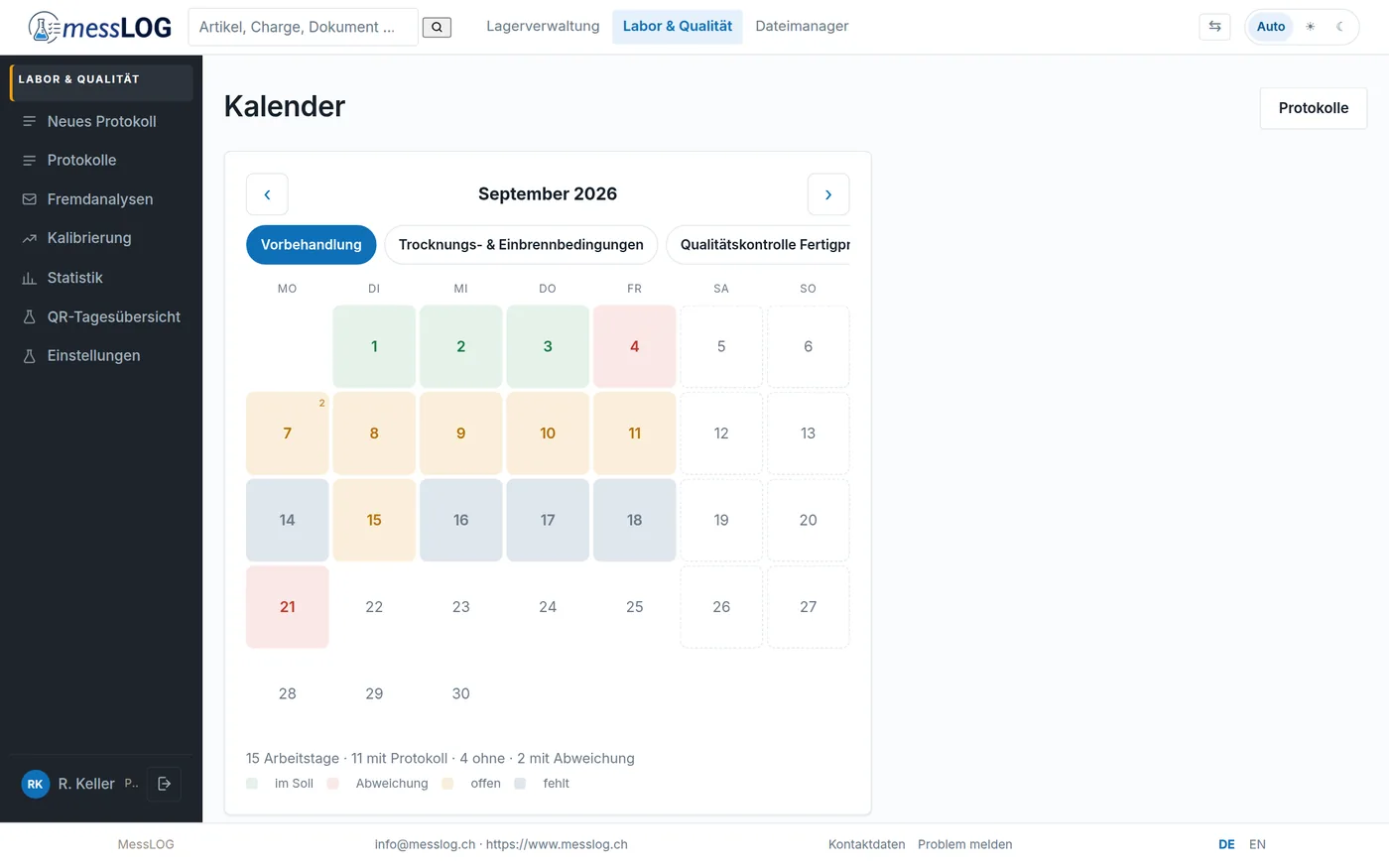 Kalender von MessLOG mit farbigen Tagen