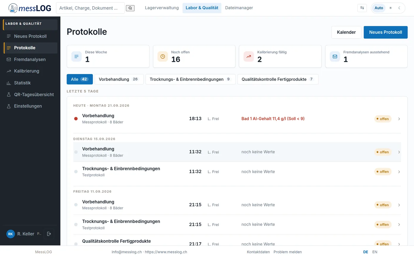 Protokoll-Liste von MessLOG mit Ampel und Klartext zu Abweichungen